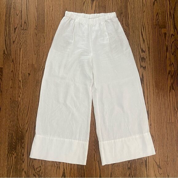 ZARA lightweight white linen wide leg elastic summer pants L - Picture 1 of 5